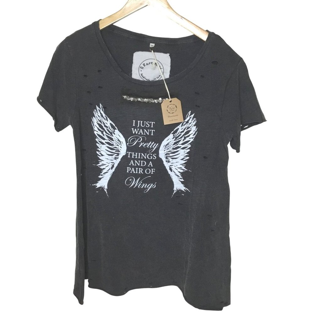 A RARE BIRD Distressed Black Graphic T Pretty Things And A Pair Of Wings S/M NWT